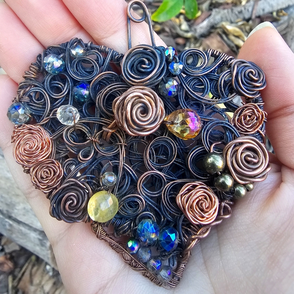 Chaos Copper Wire Wrapped Statement Heart and Roses Pendant (Maleficent's Heart)